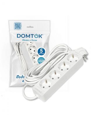 Удлинитель бытовой 4 гнезда, 5 м, ПВС, 3х1 мм2, с заземлением, 16 А, 3500 Вт, Domtok, 2397