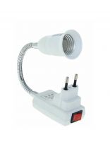 Переходник E27, гибкий, с выключателем, вилка-патрон, 150мм, белый, Ecola, Base, APT7NWEAY