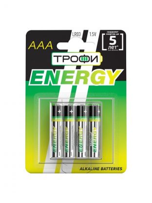 Батарейка Трофи, ААА (LR03, 24A), Energy Alkaline, щелочная, 1.5 В, блистер, 4 шт, Б0017044
