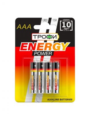 Батарейка Трофи, ААА (LR03, 24A), Energy Power Alkaline, щелочная, 1.5 В, блистер, 4 шт, C0034915