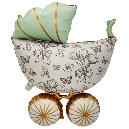 Коляска мятная ретро шар фигурный фольгированный с гелием