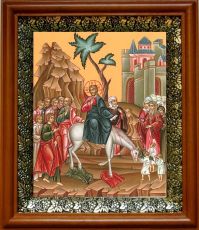 Икона Вход Господень в Иерусалим в киоте с басмой Виноградная Лоза (UV-печать)(30221)