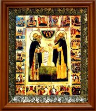 Икона Зосима и Савватий Соловецкие в киоте с басмой Виноградная Лоза (UV-печать)(30406)