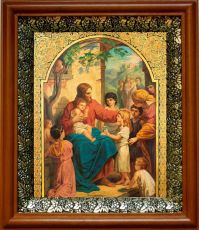 Икона Иисус Христос и дети в киоте с басмой Виноградная Лоза (UV-печать)(30423)