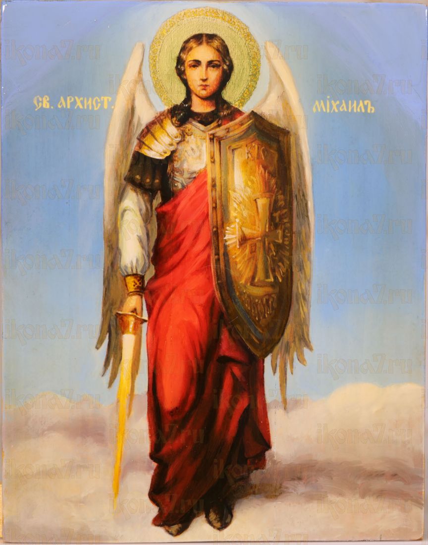 Рукописная икона Михаил Архангел 17х21 см с мечом и щитом (масло)