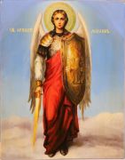 Рукописная икона Михаил Архангел 17х21 см с мечом и щитом (масло)