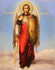 Рукописная икона Михаил Архангел 17х21 см с мечом и щитом (масло)