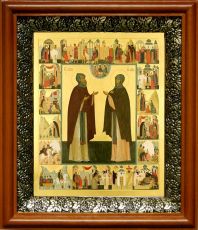 Икона Кирилл и Мария Радонежские в киоте с басмой Виноградная Лоза (UV-печать)(30521)