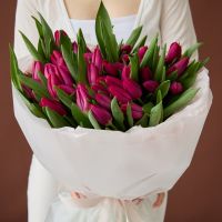 Ярко-розовые тюльпаны в оформлении (от 15 шт)