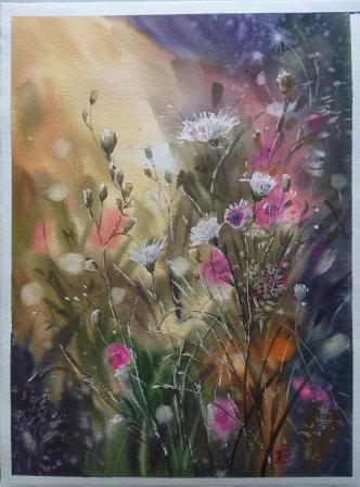 Акварель "Полевые цветы на рассвете"