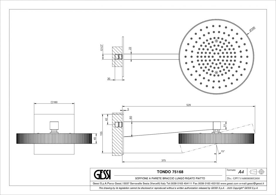 Верхний душ Gessi Incastri Rigato 75168 настенный длинный кронштейн ФОТО