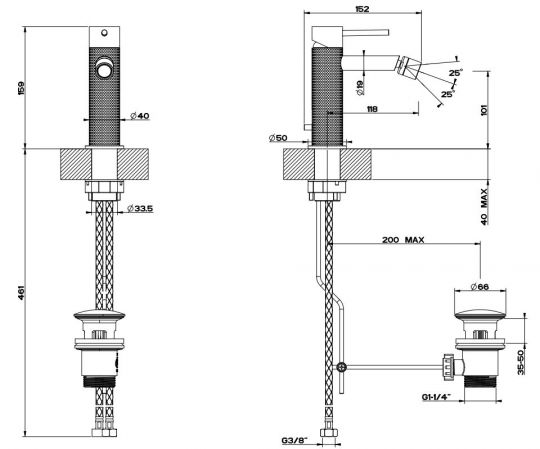 Смеситель для биде Gessi Cesello 54407 с донным клапаном схема 2
