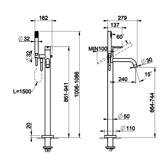 Смеситель для ванны Gessi Emporio Via tortona с душевой лейкой 24943 напольный ФОТО