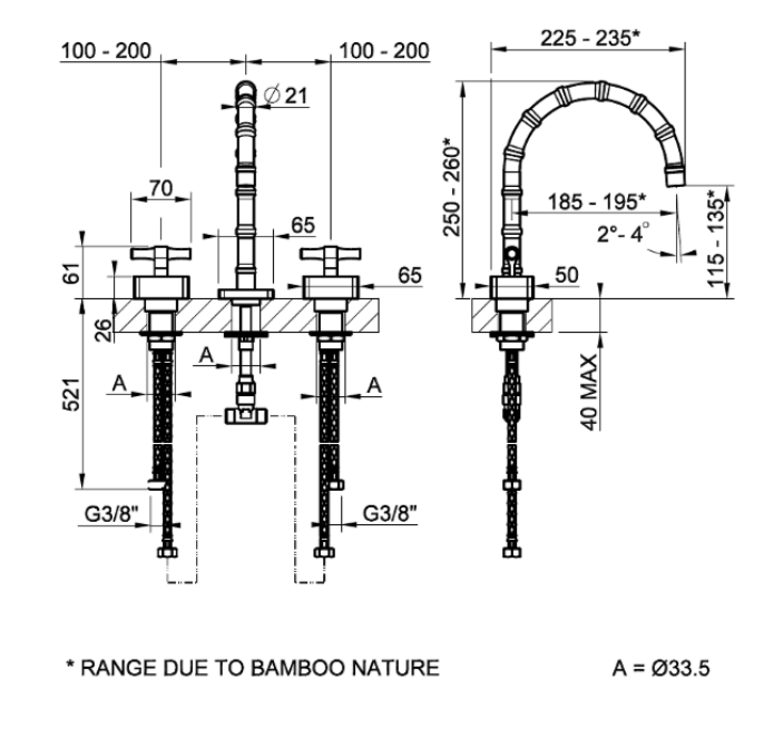 Смеситель для раковины Gessi Jacqueline 77013 с низким изливом и металлическим Т-образным вентилем на 3 отверстия ФОТО