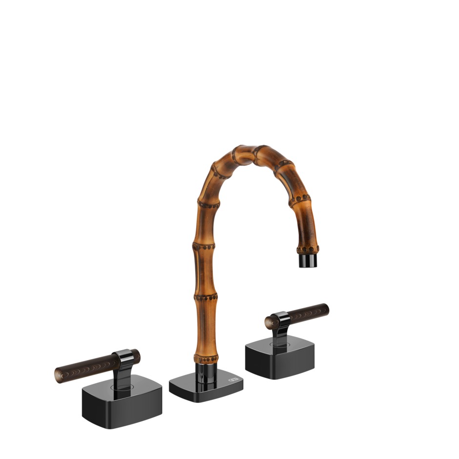 Смеситель для раковины Gessi Jacqueline 77211 с низким изливом и Г-образным вентилем под дерево на 3 отверстия ФОТО