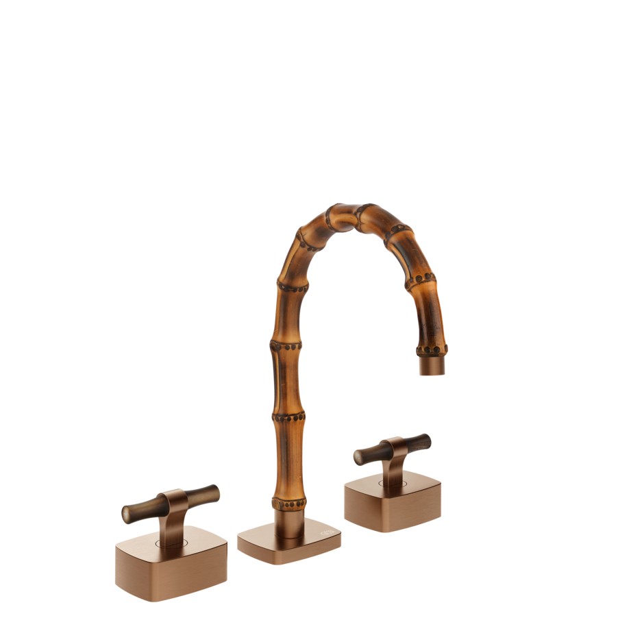 Смеситель для раковины Gessi Jacqueline 77213 с низким изливом и Т-образным вентилем под дерево на 3 отверстия ФОТО