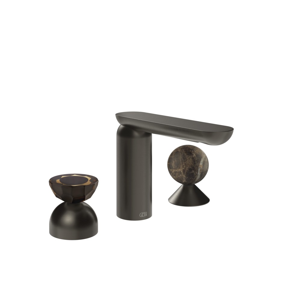 Изображение Смеситель для раковины Gessi Perle 74818 без донного клапана с вентилем-полусферой из муранского стекла Battuto и вентилем-сферой из мрамора Emperador Dark