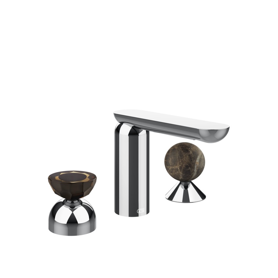 Смеситель для раковины Gessi Perle 74818 без донного клапана с вентилем-полусферой из муранского стекла Battuto и вентилем-сферой из мрамора Emperador Dark ФОТО
