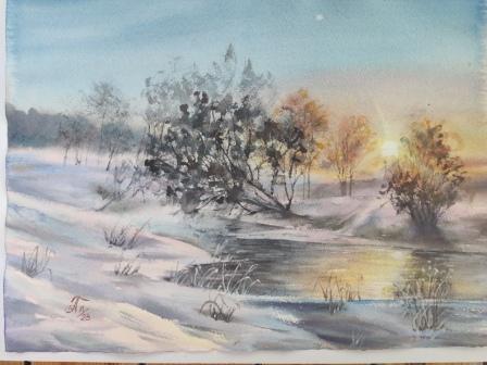 Акварель "Закат зимой"
