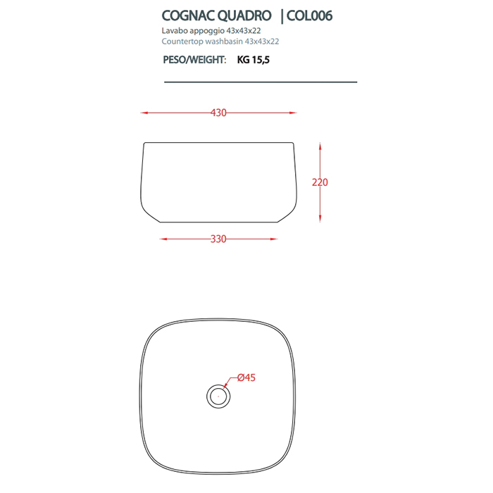 Раковина Artceram Cognac Quadro 55 COL006 43х43 ФОТО