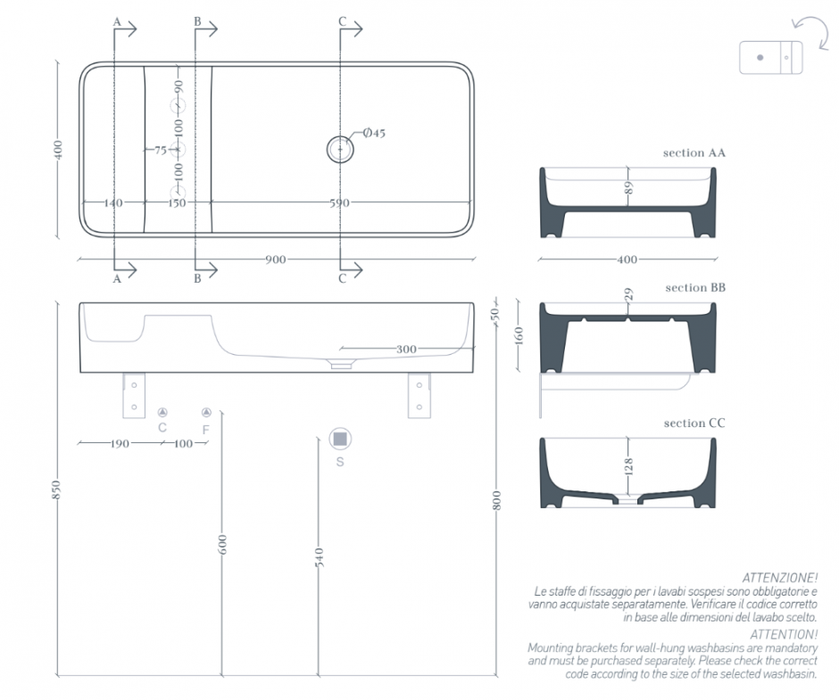 Прямоугольная раковина Artceram Brooklyn BNL002 90x40 см ФОТО