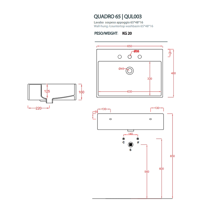 Раковина Artceram Quadro QUL003 65х48 ФОТО