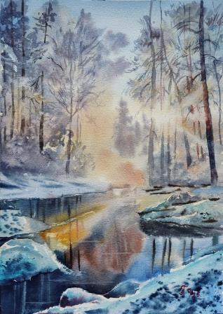 Акварель "Яркая зима"