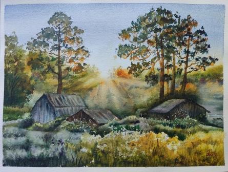 Акварель "Утро в деревне"
