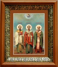 Икона Собор трех святителей в киоте с басмой Виноградная Лоза (UV-печать)(33167)