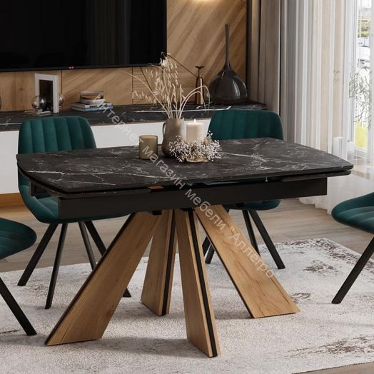 Стол обеденный "Палмер" Тип 1 Черный муар, Дуб галифакс нат, Керамика матовая черный мрамор