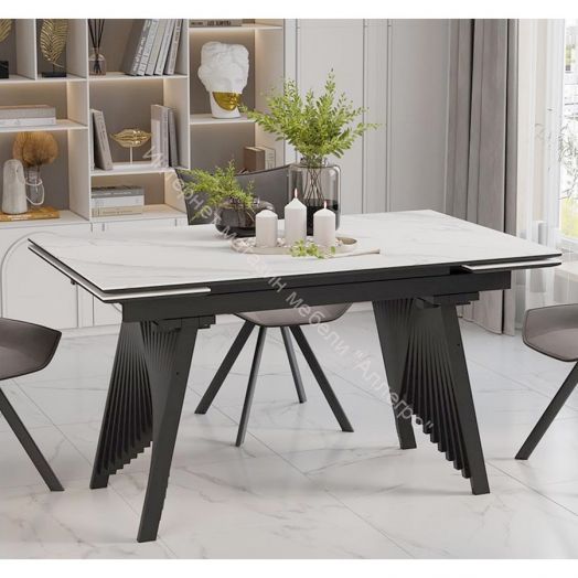 Стол обеденный "Шелдон" Тип 1 Черный муар, Керамика матовая белый мрамор