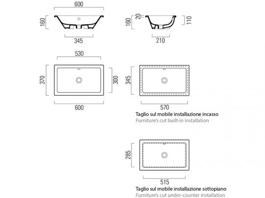 Белая раковина GSI Kube X 8953 встраиваемая 60х37 схема 2