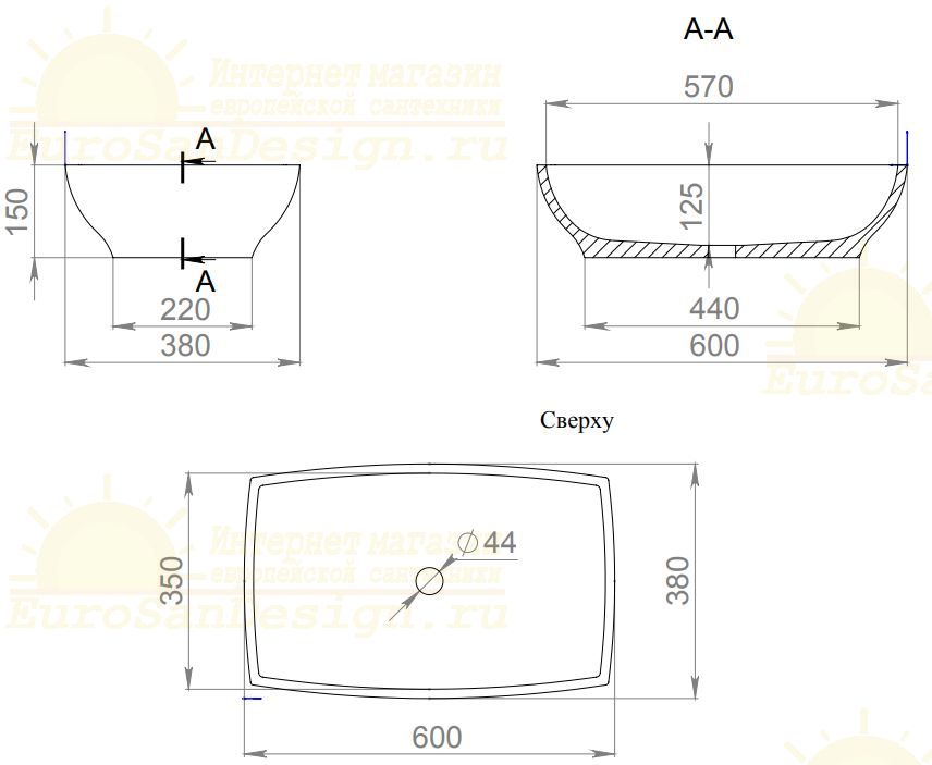 Белая прямоугольная раковина Salini Gloria 304 60x38 1102204M ФОТО