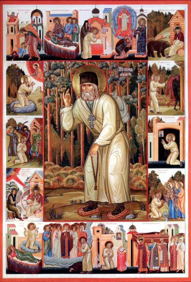 Рукописная икона Серафим Саровский с житием на липовой доске (ктг8-22214)