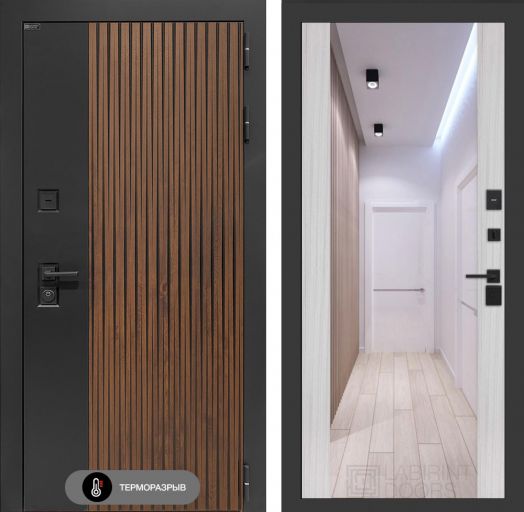 Входная дверь Лабиринт Айслаб - Зеркало максимум Сандал белый с терморазрывом