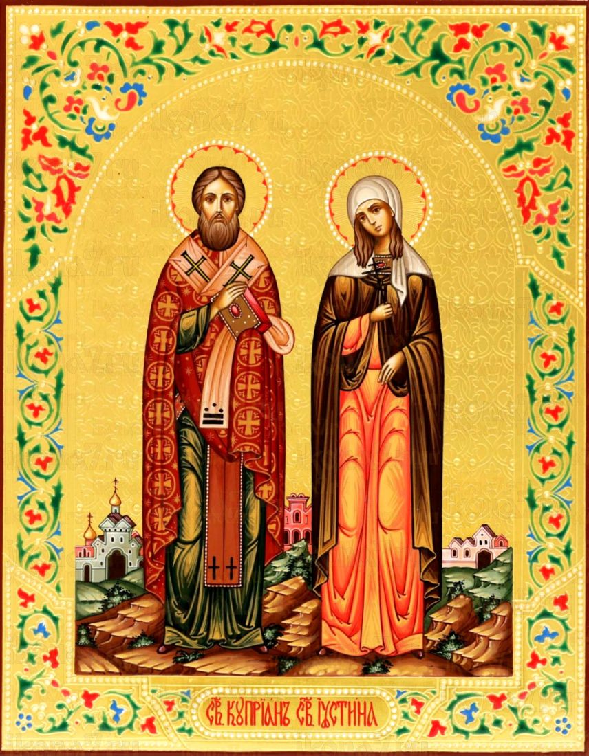 Рукописная икона Иустина и Киприан на липовой доске (22419)
