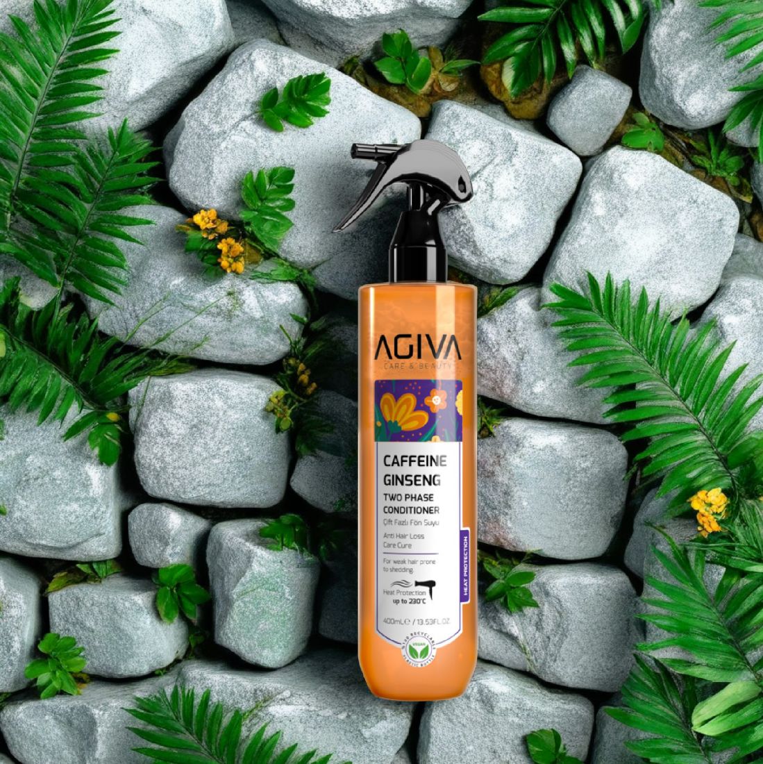 AGİVA Спрей 400 мл. кондиционер 2-х фазный термозащита CAFFEINE GINSENG