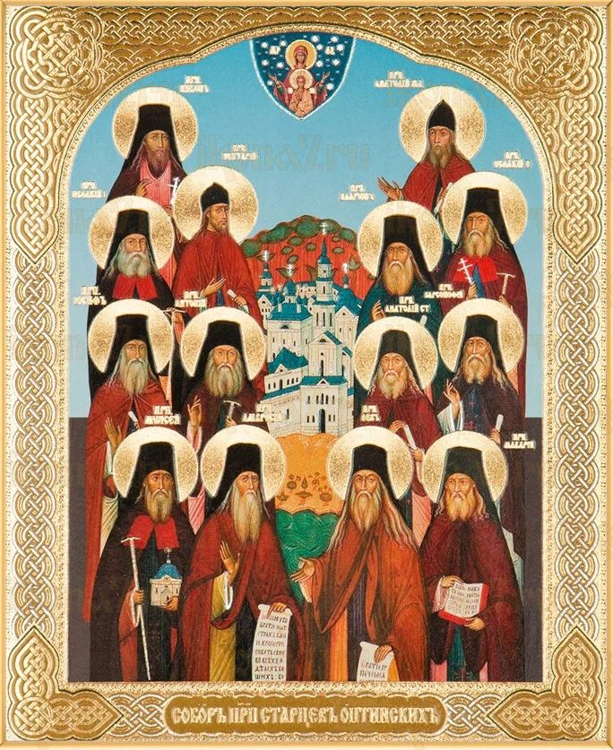Собор Оптинских старцев икона рукописная на липовой доске (24233)