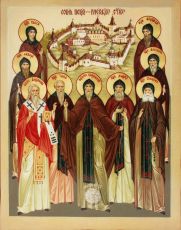 Собор преподобных отцов Псково-Печерских икона рукописная на липовой доске (24252)