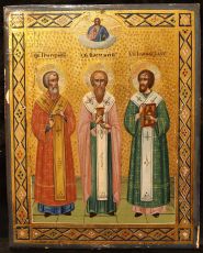 Собор трех святителей икона рукописная на липовой доске (24266)