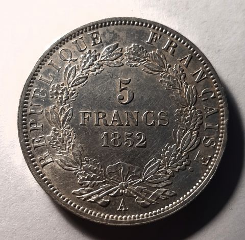 5 франков 1852 Франция UNC Наполеон Луи Бонапарт MS
