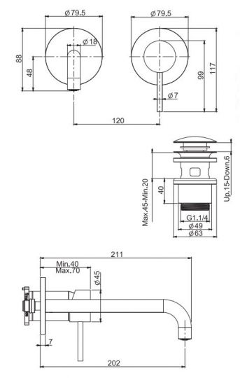 Смеситель с донным клапаном из нержавеющей стали Fima carlo frattini Spillo steel F3081NLX9 для раковины схема 2 Смеситель с донным клапаном из нержавеющей стали Fima carlo frattini Spillo steel F3081NLX9 для раковины схема 2