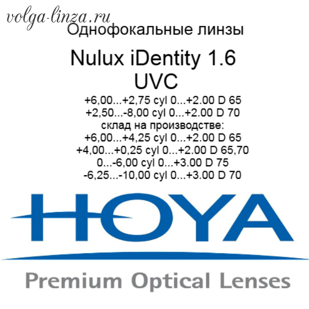 HOYA Nulux IDentity  STRX 1,6 HVLL UV Control  линзы по технологии Freeform