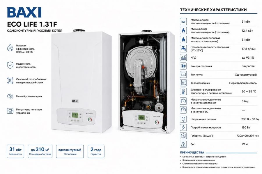 Настенный газовый котёл Baxi ECO Life 1.31F, одноконтурный