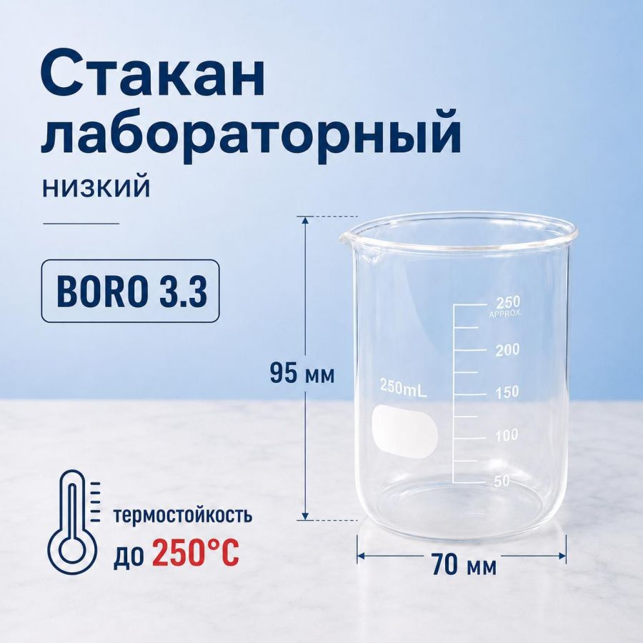 Стакан лабораторный низкий Labdevices Н-1-250, 250 мл, стекло Boro 3.3, градуированный