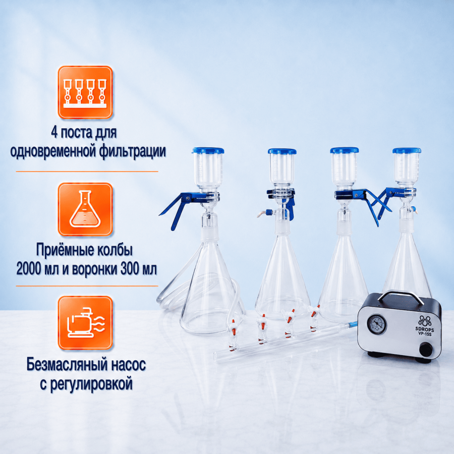 Многоканальная система вакуумной фильтрации Labdevices: "Multi-Filter Manifold" на 4 установки по 2 л + VP-15S