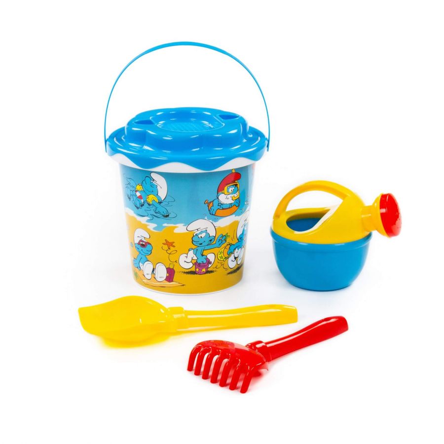 "Смурфики-2" набор №2: ведро с наклейкой, ситечко "Солнышко", лопатка №5, грабельки №5, лейка малая №4
