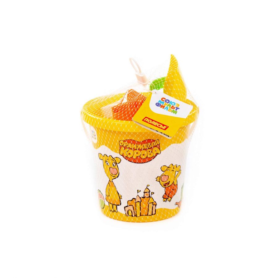 Набор "Оранжевая корова" №6: ведро с наклейкой, лопатка №5, грабельки №5, формочки (замок мост + замок башня)