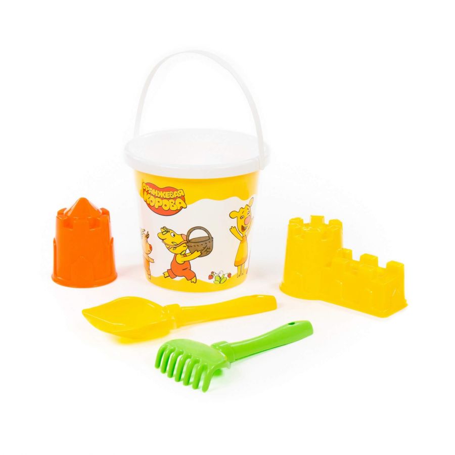 Набор "Оранжевая корова" №6: ведро с наклейкой, лопатка №5, грабельки №5, формочки (замок мост + замок башня)
