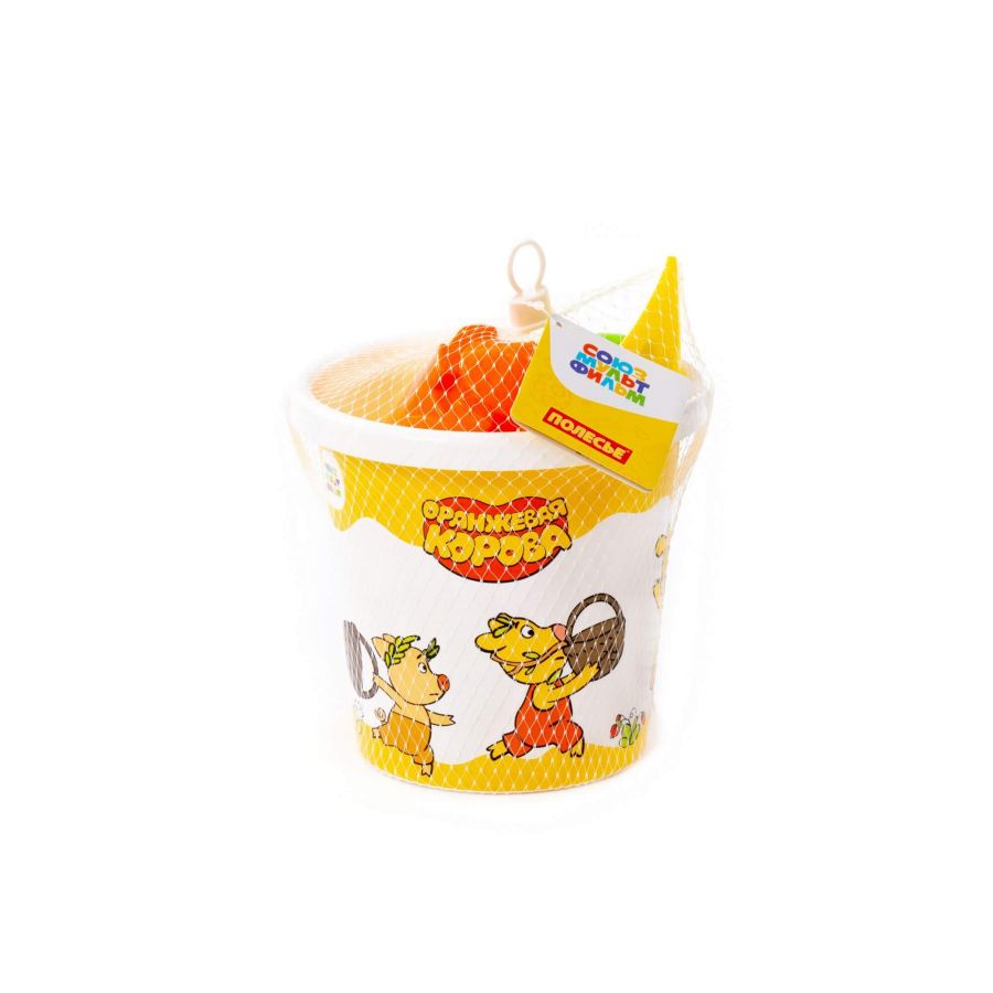 Набор "Оранжевая корова" №6: ведро с наклейкой, лопатка №5, грабельки №5, формочки (замок мост + замок башня)